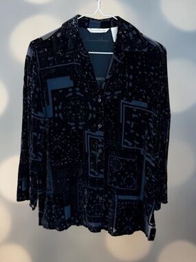 French Laundry Black Midnight Velvet Silk Sheer Floral Design Button Down Blouse